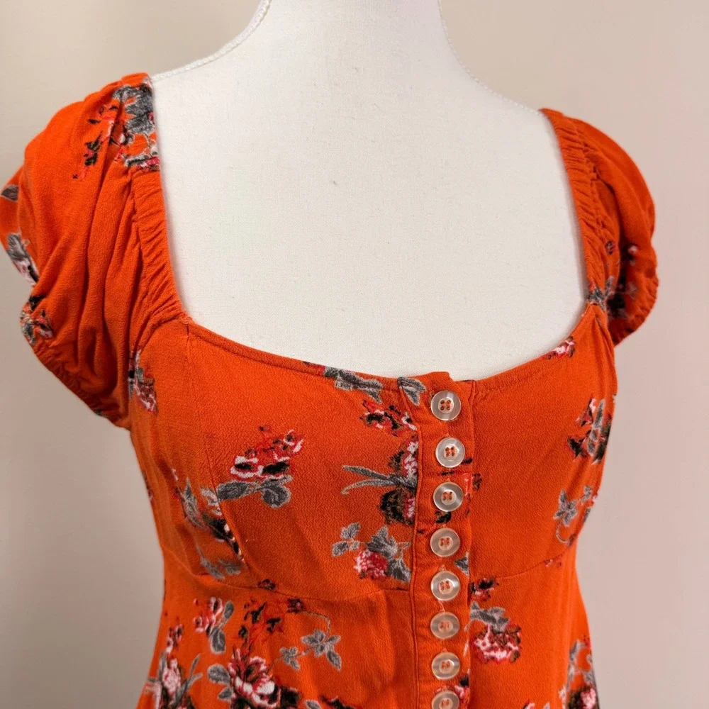 Free People Close To You Orange Floral Puff Sleeve Smocked Peplum Top Small